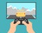 Flat design illustration of male hands, tv set and game controller. Player playing car racing video game, vector