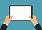 Flat design illustration of manager hands in suit holding tablet with blank white touch screen and space for text, vector