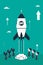 Flat design illustration with rocket, stick astronaut figures and business investors.