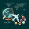 Flat design illustration of tourism and travel, globe and plane fly on other part of world
