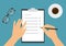 Flat design illustration of a woman`s or man`s hand filling out a task form with a pencil. Cup of coffee and glasses on a green