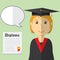 Flat design modern vector illustration of student in graduation gown with diploma and speach buble on color background