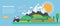 Flat Design mountain and farm meadow Landscape and Tractor. Flat and solid vector illustration.