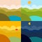 Flat design nature landscape illustration with lake, hills and clouds