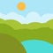 Flat design nature landscape illustration with lake, hills and clouds