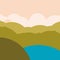 Flat design nature landscape illustration with lake, hills and clouds