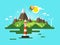 Flat Design Nature Scene. Ocean or Sea Landscape with Mountains and Wind Mills on Island.