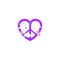 Flat design with paper cutting light violet peace sign in heart shape, white pigeon with olive branch, clouds and daisy on white b