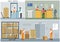 Flat design of post office service: office workers, postmen, people, interior, actions and activities