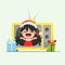 Flat design red retro television with a little girl appears from the screen. Vector illustration of Christmas day