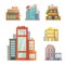 Flat design of retro and modern city houses. Old buildings, skyscrapers. colorful cottage building, cafe house.