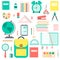 Flat design of school tools, supplies, stationery. Set of colored icons, pictograms.