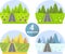 Flat design set bright colorful image four seasons in the mountain, grey road, violet crocus, white daisies