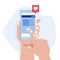 Flat design of social networking success and appreciation concept vector illustration. The hand holds the smartphone