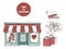 Flat design store fronts. Set of shops and venues vector icons. Hand drawn clip art. Cartoon shop with shopping bag.
