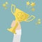 Flat design style hand holding golden bowl victory