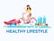 Flat design style. Healthy lifestyle concept. Adult young woman riding bicycles.