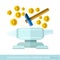 Flat design vector concepts icon of finance and business hammer beats on envil and bit coins flying out