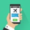 Flat design vector illustration concepts of online airplane ticket. Hand holding mobile smart phone with online buy app