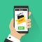 Flat design vector illustration concepts of online cinema ticket. Hand holding mobile smart phone with online buy app