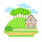 Flat design vector landscape illustration. Village house with field and apple trees. Farming, agricultural, organic products