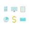 Flat detailed icons set blank, monitor with code, blank on the desk, timer, money, mail.