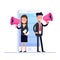 Flat digital marketing concept. Businessman and Businesswoman speaks in megaphone against the background of an mobile