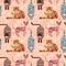 Flat Domestic Cats in Funny Poses Seamless Pattern