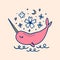 Flat doodle cartoon pink fairytale magic unicorn whale girl, narwhal hand drawn vector illustration isolated on color