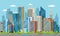 Flat downtown. Skyscrapers, exterior of modern city buildings. Residential and business office houses. Cityscape vector