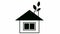 Flat ecology icon. black house with leaves from chimney. Concept of renewable energy, green technology, ecology, green energy.