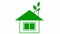 Flat ecology icon. Green house with leaves from chimney. Concept of renewable energy, green technology, ecology, green energy.