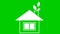 Flat ecology icon. white house with leaves from chimney. Concept of renewable energy, green technology, ecology, green energy.