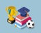 Flat education concept with books cup winner and soccer ball.