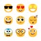 Flat emoticons faces. Simple happy and funny, cartoon smile set, wonder and love with hearts in eyes emoji moods