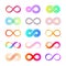 Flat eternity icons. Endless infinity eternal concept symbols, isolated mobius loop colorful collection. Infinite loops