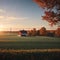 Flat farmland landscape with red barn and electricity pylons in Sk ne Sweden during autumn made with Generative AI