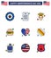 Flat Filled Line Pack of 9 USA Independence Day Symbols of american; flag; native american; country; meal