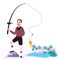 Flat Fisherman with fish holding fishing rod vector illustration vacation