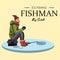 Flat fisherman hat sits on bag with spin fishing rod in hand and catches bucket, Fishman crocheted spin into the ice