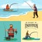 Flat fisherman hat sits on shore with fishing rod in hand and catches bucket and net, Fishman crocheted spin into the