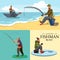 Flat fisherman hat sits on shore with fishing rod in hand and catches bucket and net, Fishman crocheted spin into the