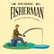 Flat fisherman hat sits on shore with fishing rod in hand and catches bucket and net, Fishman crocheted spin into the