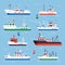 Flat fishing boats. Commercial fishery ships, seafood industry ship and fisher boat vector collection