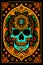 flat Flyer, Flyer flat 2D image of a skull surrounded by mexican ornamental elements such as mates, flowers, garlands of lights