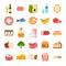 Flat food icons. Menu planning elements, fruits and vegetables, drinks, cheese and bread, milk and alcohol, meat
