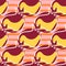 Flat food seamless pattern with maroon and yellow colored pomegranate shapes. Orange striped background