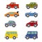 Flat funy cartoon city transport icon set: cars