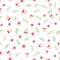 Flat gift boxes with red bows, green fir branches, lollipop on calm gray-brown background. Seamless Christmas winter pattern.