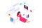 Flat girl on floor with dress, laptop, online site, icons, mobile phone.